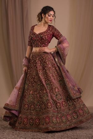 Onion Pink Zariwork Velvet Readymade Lehenga
