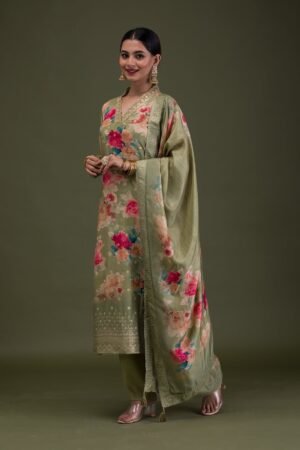 Pista Green Printed Semi Crepe Readymade Salwar Suit