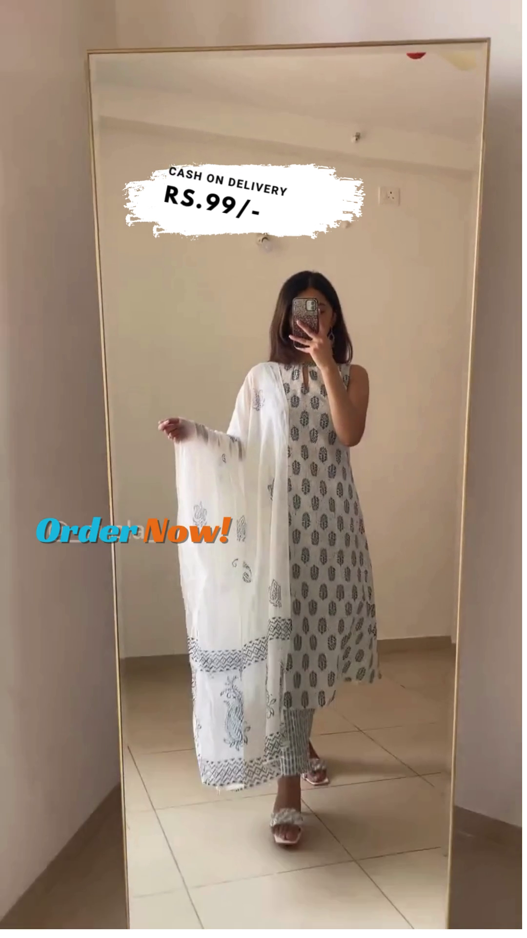 Floral Cotton Round Neck Womens Kurta Trouser Dupatta Set