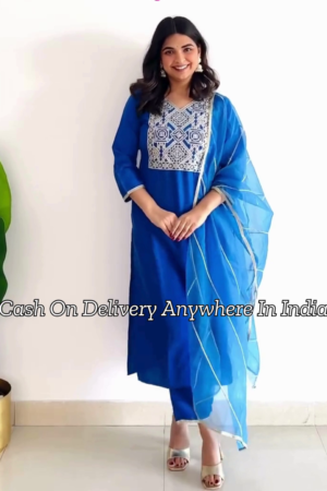 Skyblue Ethnic Motifs Embroidered Panelled Kurta With Trousers & Dupatta