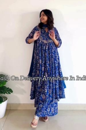 Blue Floral Printed Mandarin Collar Gotta Patti Anarkali Kurta With Palazzos & Dupatta