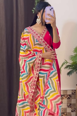 Women's Latest Designer Silk Blend Printed Duppata Kurta Pant Set with Dupatta set Kurta Set
