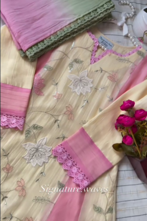 Yellow and Pink Floral Embroidered Kurta Set With a Dupatta