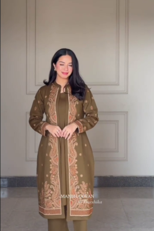 Regal Olive Paisley Embroidered Jacket Set