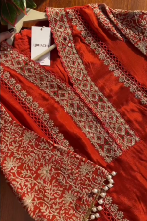 Dark Orange Chinon Heavy embroidered & Pearl Work Straight Suit with Beautiful Duppata
