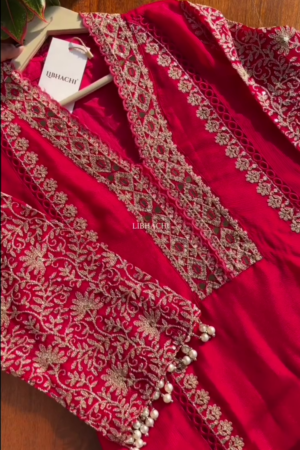 Dark Pink Chinon Heavy embroidered & Pearl Work Straight Suit with Beautiful Duppata