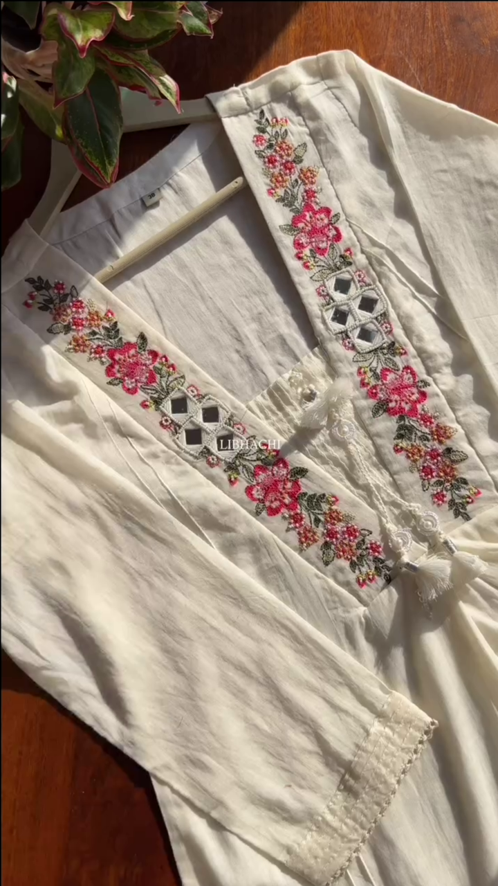 Women White Embroidered Mirror Work Pure Cotton Kurta With Trousers