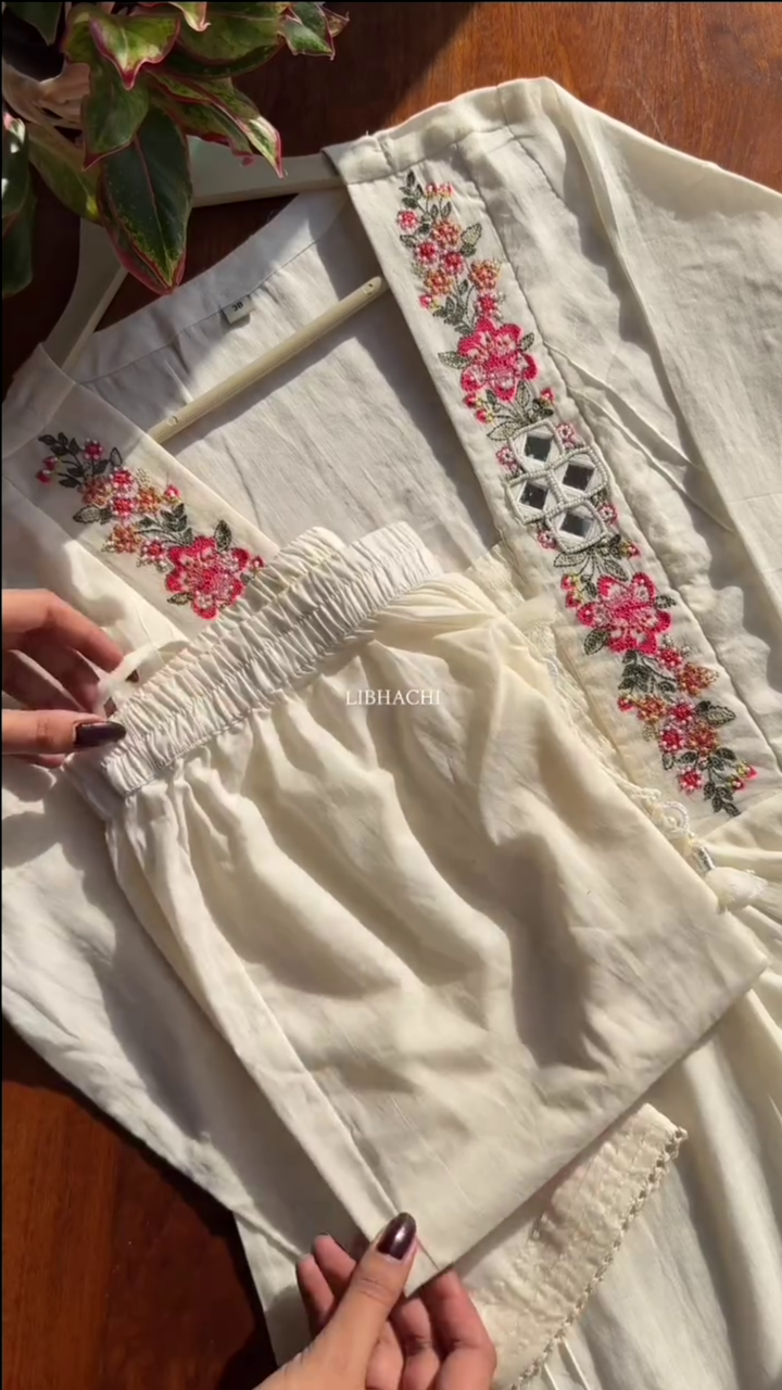 Women White Embroidered Mirror Work Pure Cotton Kurta With Trousers - Image 2