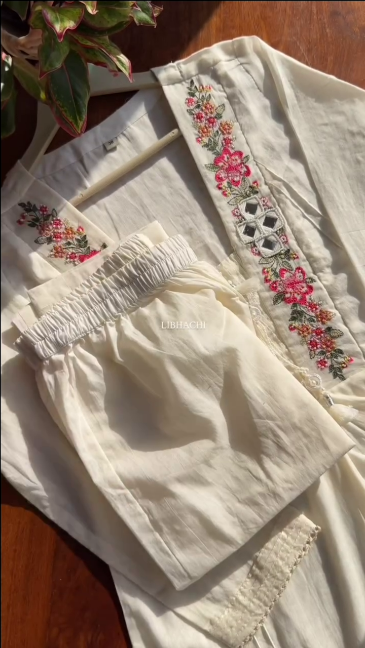 Women White Embroidered Mirror Work Pure Cotton Kurta With Trousers - Image 3