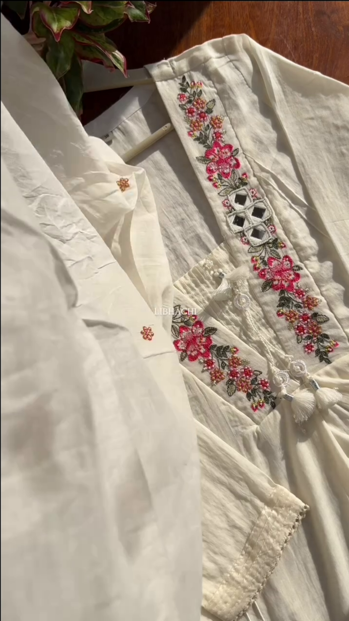 Women White Embroidered Mirror Work Pure Cotton Kurta With Trousers - Image 4