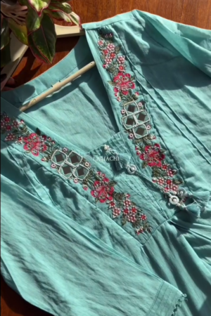 Women Sky Blue Mirror Work Pure Cotton Kurta With Trousers