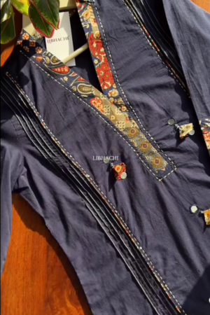 Women Mirror Work Pure Cotton Kurta With Trouser - Blue