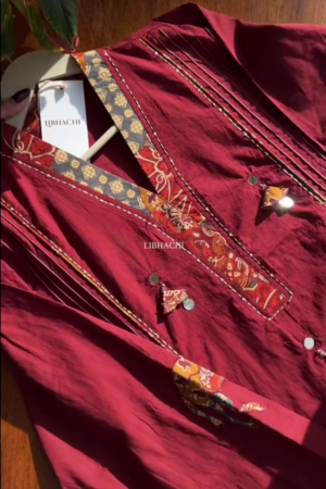 Women Mirror Work Pure Cotton Kurta With Trouser - Red