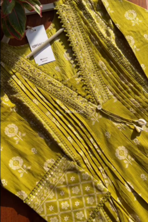 A-Line Lime Yellow Cotton Set with Divider Bottom & Crochet Lace Detailing