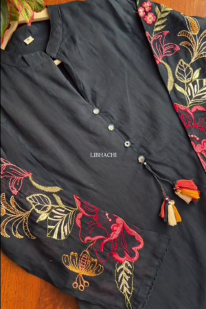 Black Floral Embroidered Cotton Kurta