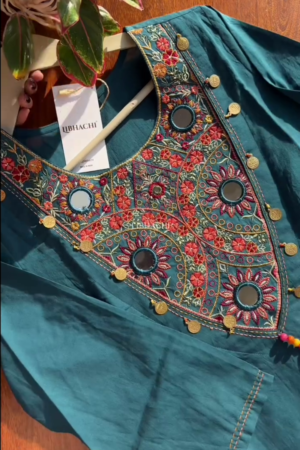 Women Green Embroidered Mirror Work Pure Cotton Kurta With Trousers