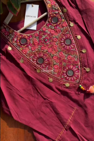 Women Red Embroidered Mirror Work Pure Cotton Kurta With Trousers