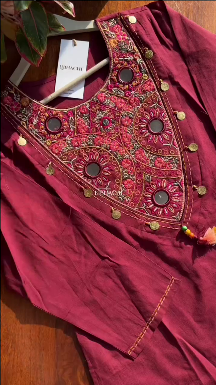 Women Red Embroidered Mirror Work Pure Cotton Kurta With Trousers