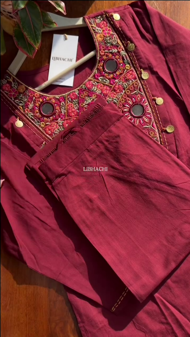 Women Red Embroidered Mirror Work Pure Cotton Kurta With Trousers - Image 2