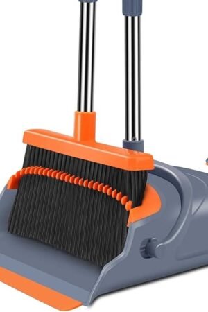 Upgrade Broom and Dustpan Set, Self-Cleaning with Dustpan Teeth, Indoor&Outdoor Sweeping, Ideal for Dog Cat Pets Home Use, Stand Up Broom and Dustpan (Gray&Orange)
