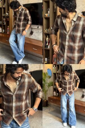 Men’s "Canyon Shadow" Heavyweight Flannel – Oversized Espresso & Sand Ombré Check