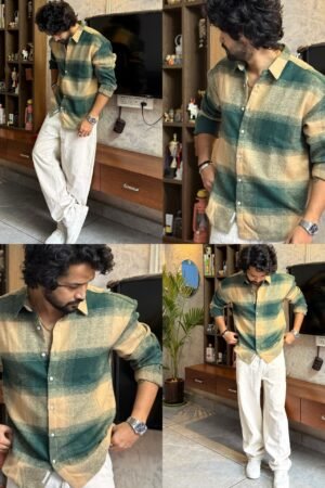 Men’s "Aurora Plaid" Heavyweight Flannel – Oversized Teal & Sand Ombré Check