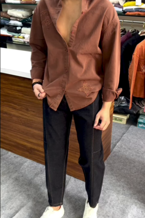 Rust Brown Embroidered Relaxed Fit Casual Shirt