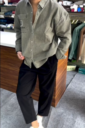 Men’s "Iron-Ash" Oversized Heavy Denim Shacket – Distressed Olive-Grey