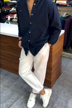 Men’s "Midnight Obsidian" Oversized Premium Twill Shirt – Deep Navy Blue