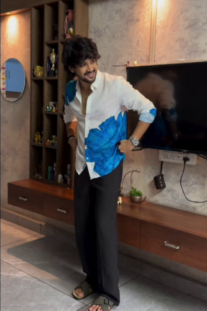 Men’s "Azure Bloom" Artistic Statement Shirt – Premium Cotton-Sateen Blend