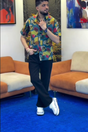 Men’s "Azure Oasis" Tropical Abstract Shirt – Premium Short-Sleeve Resort-Wear