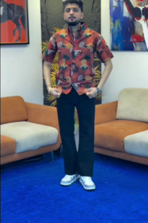 Men’s "Sunset Oasis" Botanical Print Shirt – Premium Earth-Tone Abstract Motif