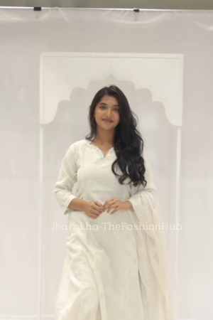 White Cotton Sequins, Lace V-neck Bloom Pattern Kurta Palazzo Set