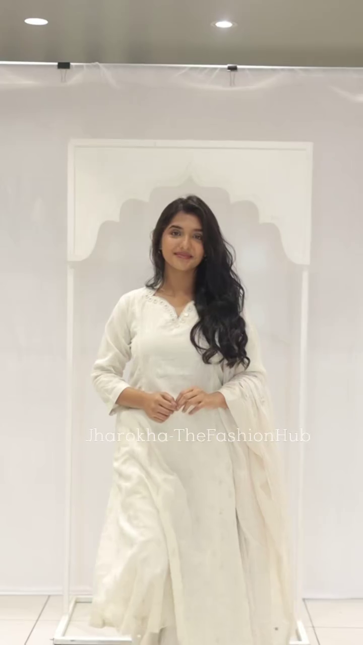 White Cotton Sequins, Lace V-neck Bloom Pattern Kurta Palazzo Set