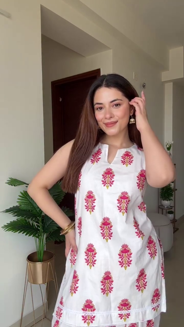Block Print Co-Ord Set with Sleeveless Kurta & Wide Leg Palazzo - Image 3