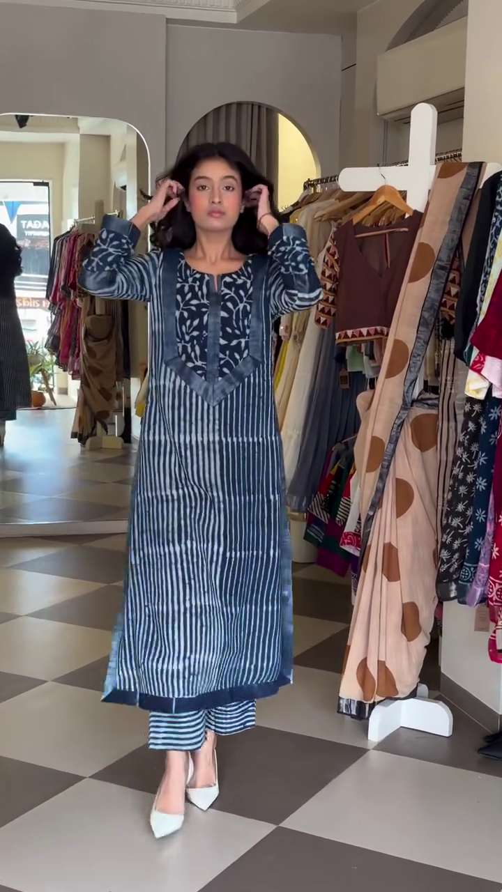 Block Print Linen Kurta Set