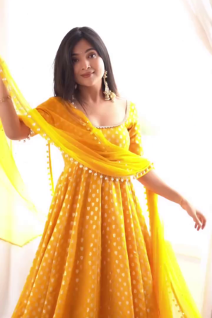 Chanderi Jacquard Butti Anarkali Kurta Set with Pant & Soft Net Dupatta