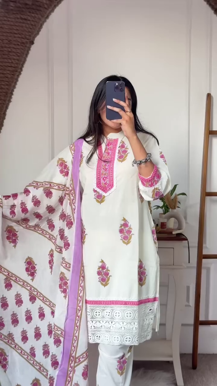 Women Floral Printed Regular Thread Work Pure Cotton Kurta with Trousers & With Dupatta - Image 2