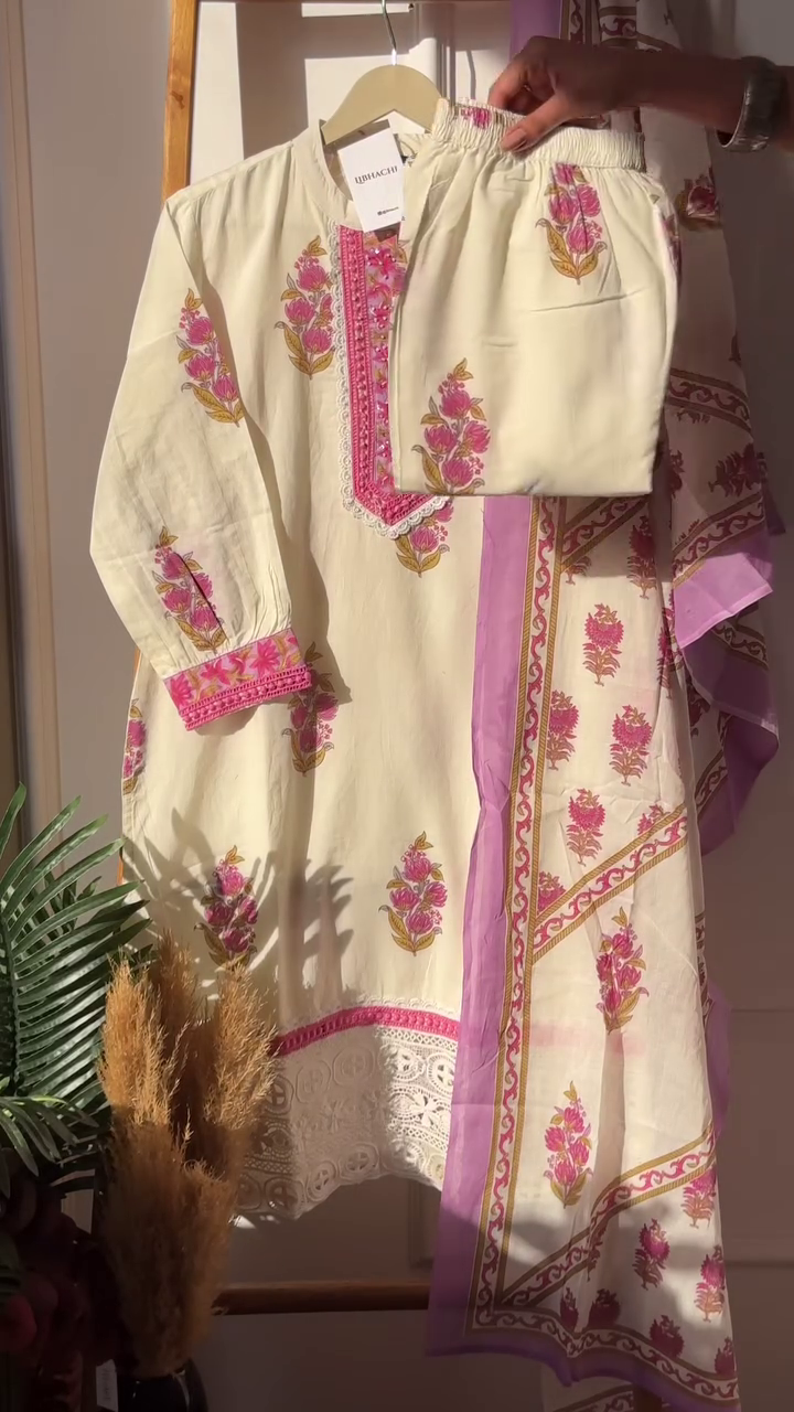 Women Floral Printed Regular Thread Work Pure Cotton Kurta with Trousers & With Dupatta - Image 3