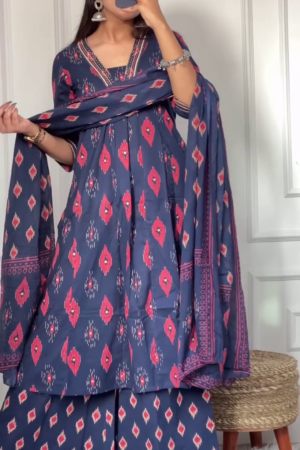 Cotton Printed Flared Kurta with Pant and Dupatta Sets
