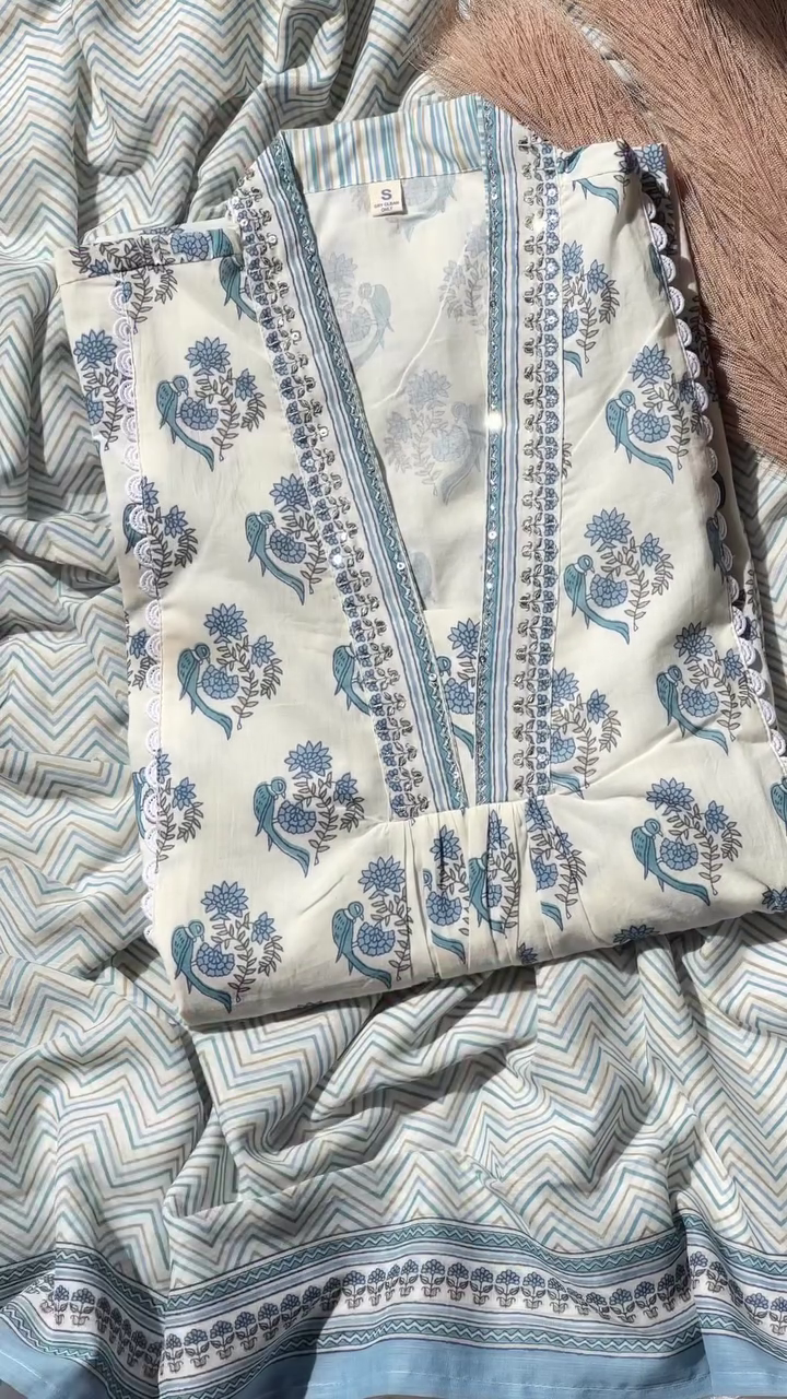 Cotton Floral Printed Anarkali Kurti with Pant and Dupatta Set (Light Blue) - Image 4