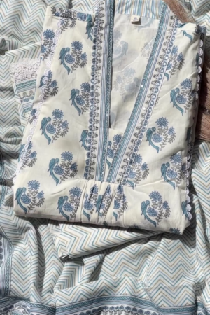 Cotton Floral Printed Anarkali Kurti with Pant and Dupatta Set (Light Blue)