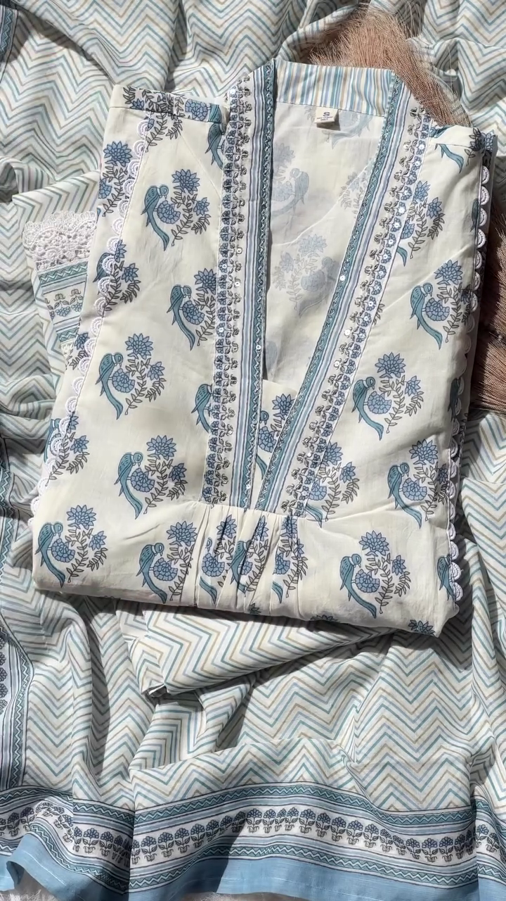 Cotton Floral Printed Anarkali Kurti with Pant and Dupatta Set (Light Blue)