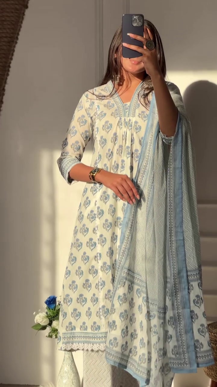 Cotton Floral Printed Anarkali Kurti with Pant and Dupatta Set (Light Blue) - Image 2