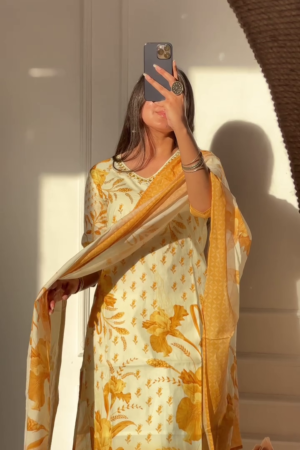 Floral Printed Cotton Kurta with Trousers & Dupatta
