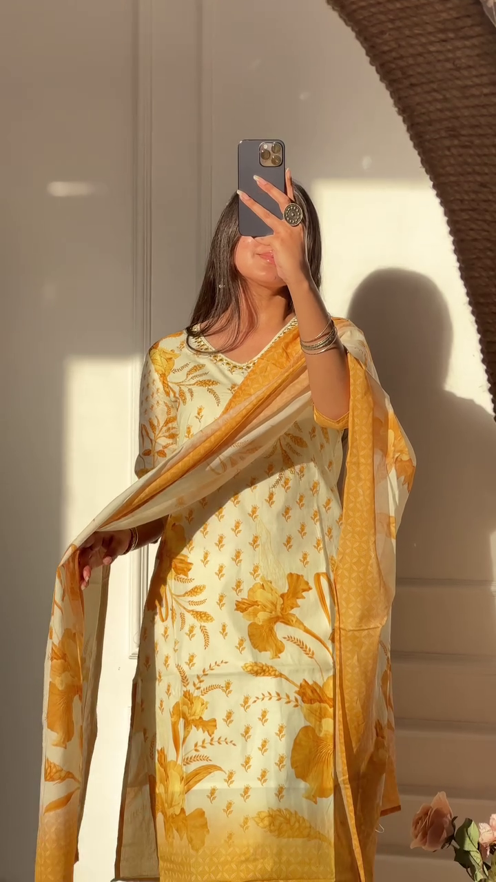 Floral Printed Cotton Kurta with Trousers & Dupatta
