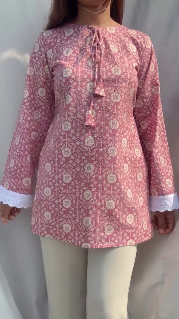 Pink Flared Sleeve Short Kurti - Image 2