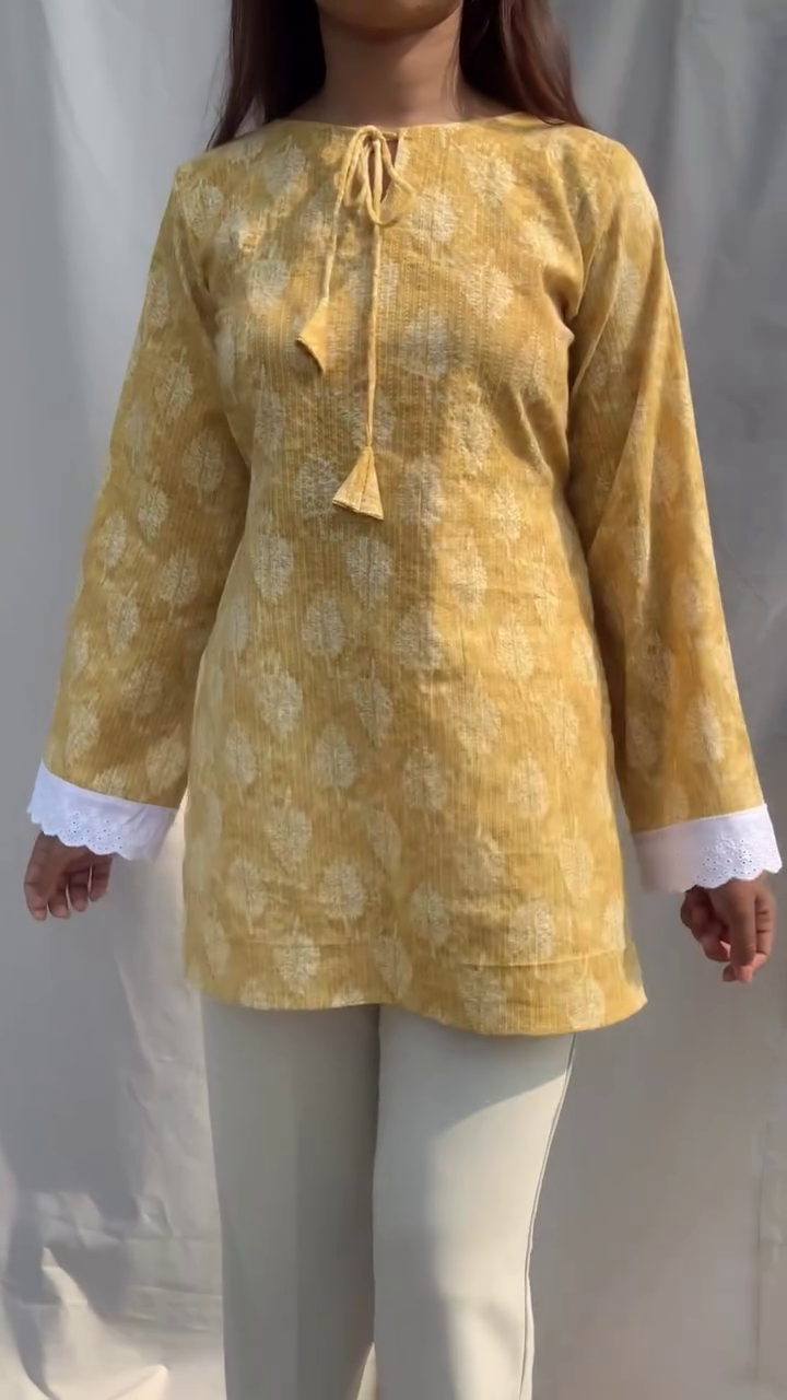 Yellow Floral Short Kurti - Image 2