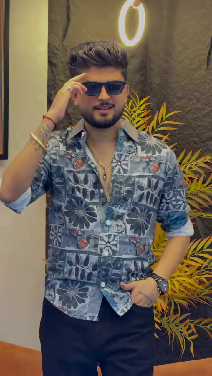 Men Slim Fit Printed Mandarin Collar Casual Shirt - Image 3