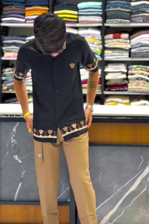 Black Fancy Knitted Casual Shirt, Motifs Embroidery, a Spread Collar, Half Sleeves, Regular Fit, and Regular Length